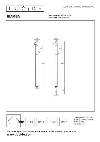 Lucide IBAMBA - Pollerleuchte - LED - 2x6W 3000K - IP65 - Schwarz - technisch